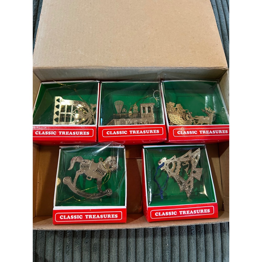 Classic Treasures Christmas Ornaments Set‎ Gold Tone Metal 5pc Holiday Decor